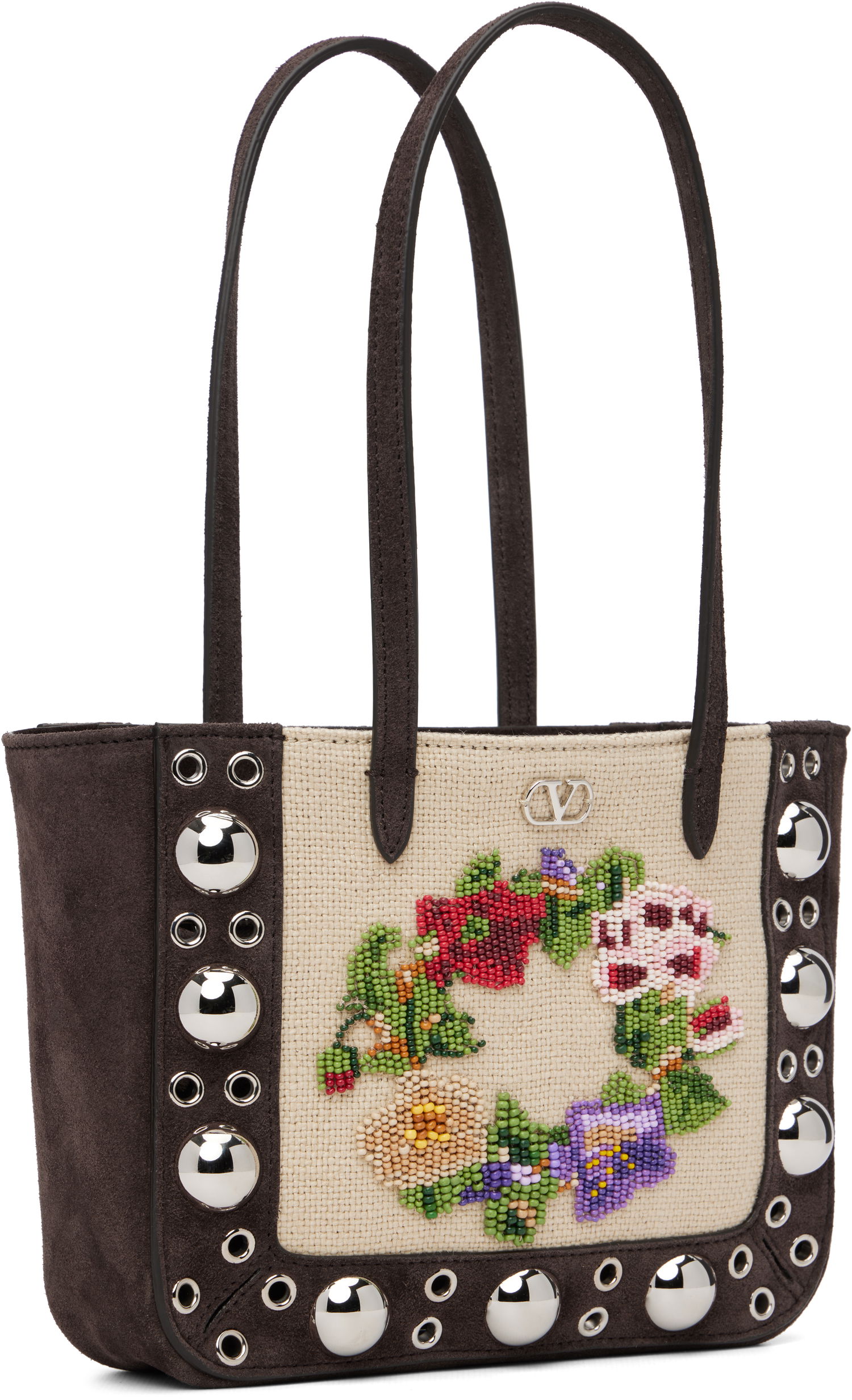 Голяма пазарска чанта Valentino Mini Nellcôte Beaded Floral Studded Woven Tote Металик | 7W2B0R89YDT, 1