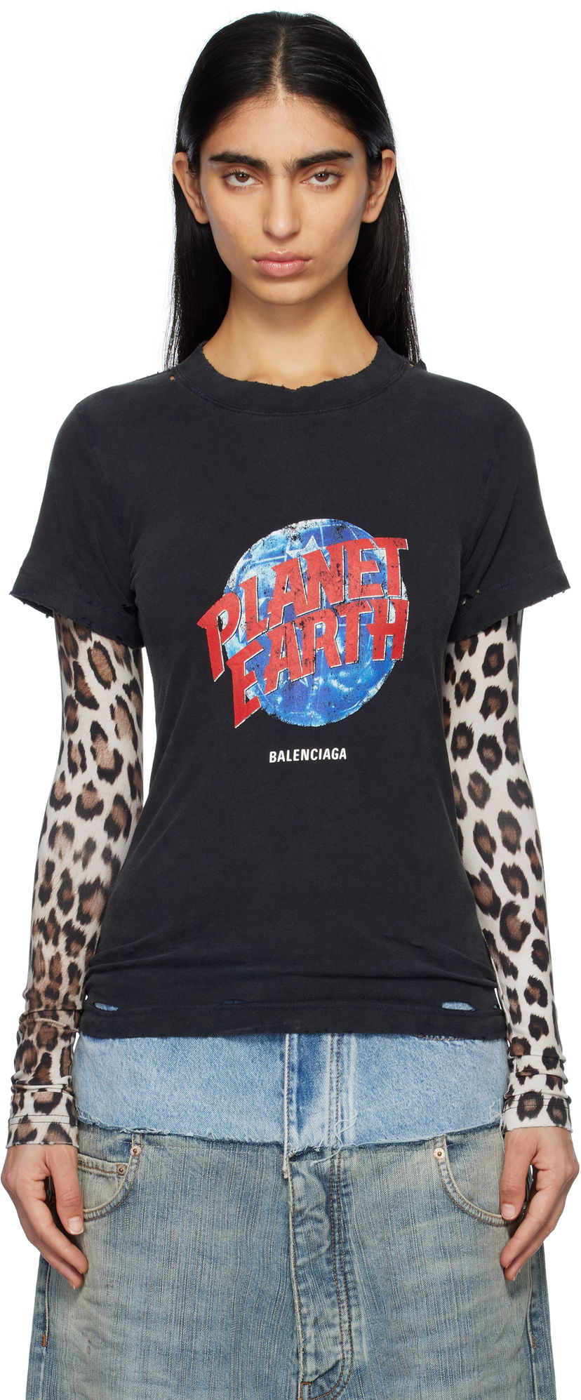 Тениска Balenciaga 'Planet Earth' Double Sleeve Graphic T-Shirt Черно | 809262 TRVC8