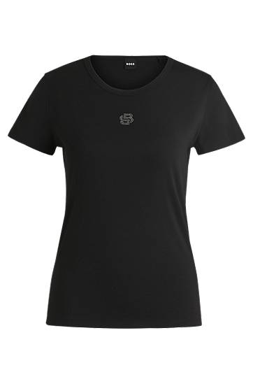 Тениска BOSS Cotton T-Shirt with Crystal Monogram Черно | 50528826, 0