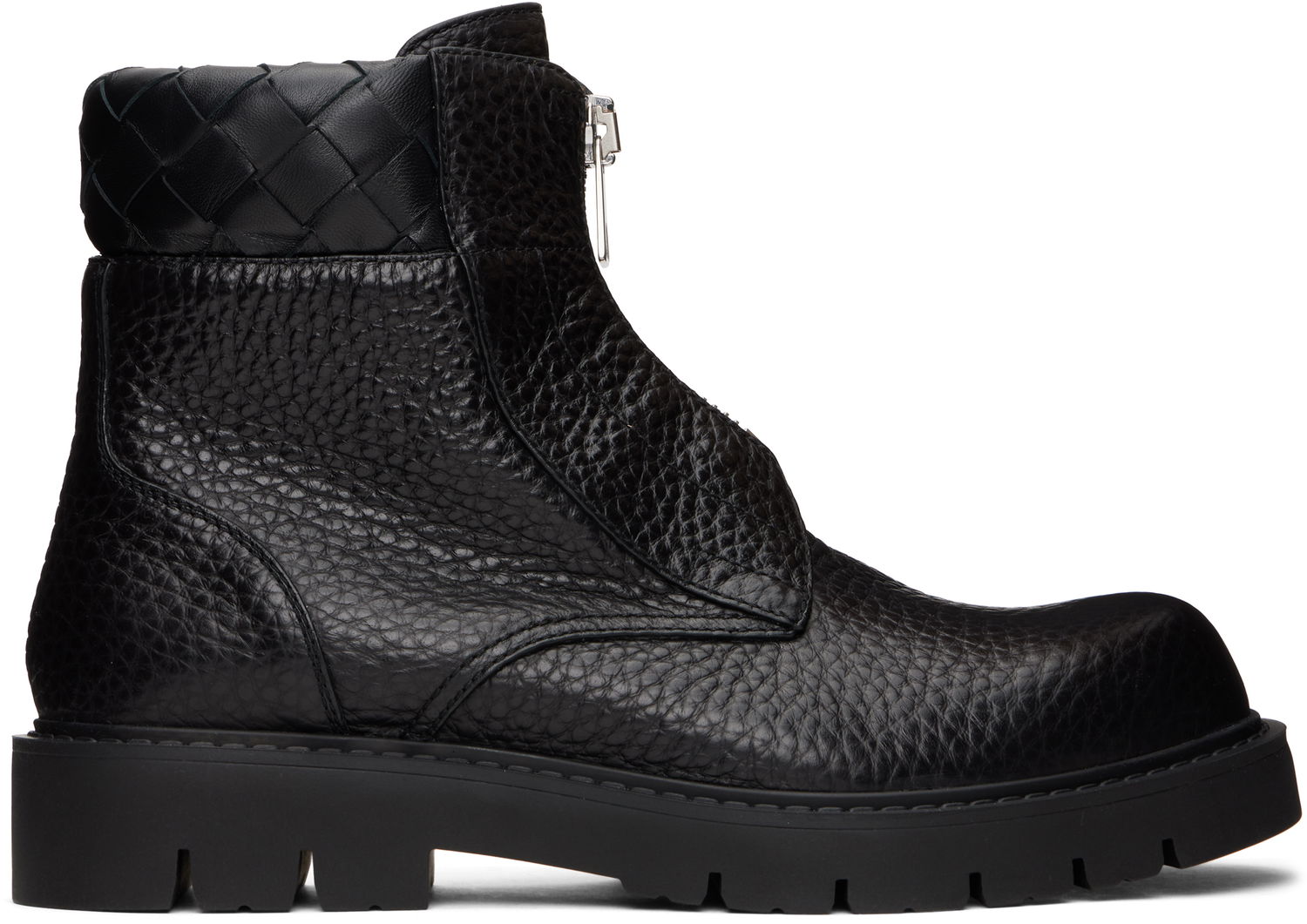 Кецове и обувки Bottega Veneta Haddock Textured Leather Front-Zip Woven Collar Ankle Boots Черно | 796449 V4EP0 1000, 0