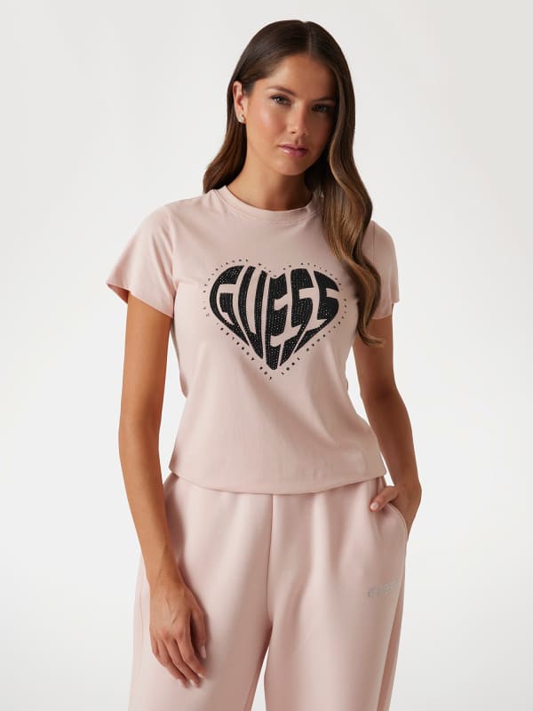 Guess Logo Rhinestone Heart T-Shirt