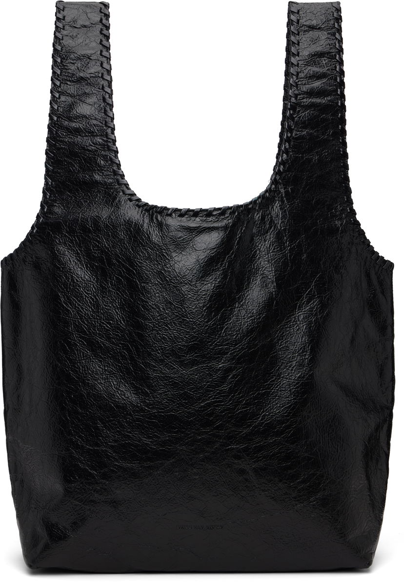 Голяма пазарска чанта Dries Van Noten Dries Van Noten Crinkled Leather Woven-Trim Tote Черно | 252-011528-119