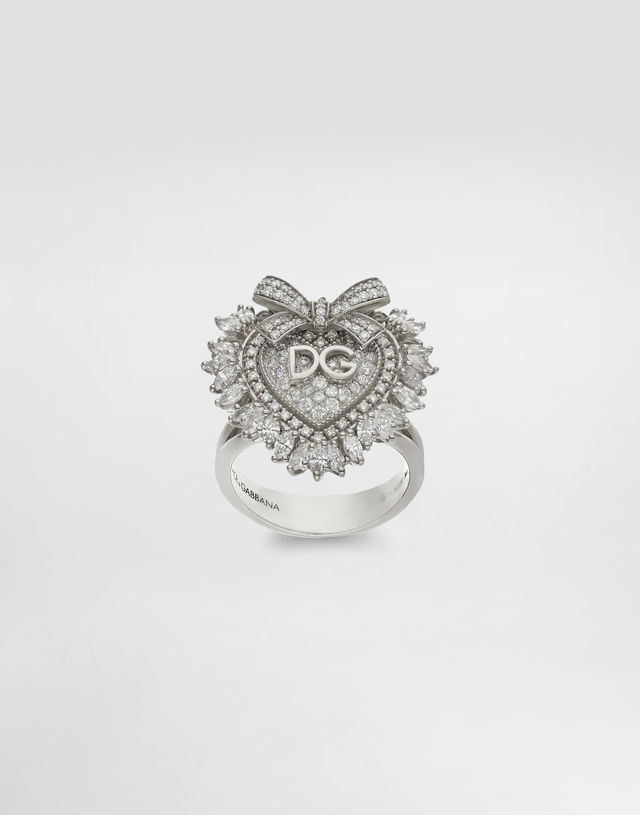 Dolce & Gabbana Devotion Heart Ring, 18K White Gold with Diamonds, Size 56