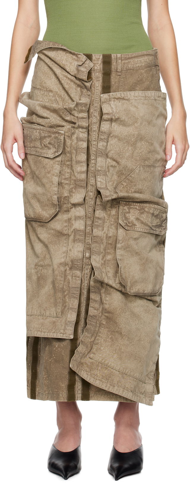 Khaki Cargo Pocket Midi Skirt