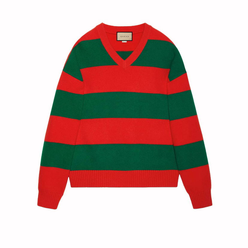 Пуловер Gucci Felted Wool Striped Sweater Red/Green Зелено | 763344 XKDNH 6565