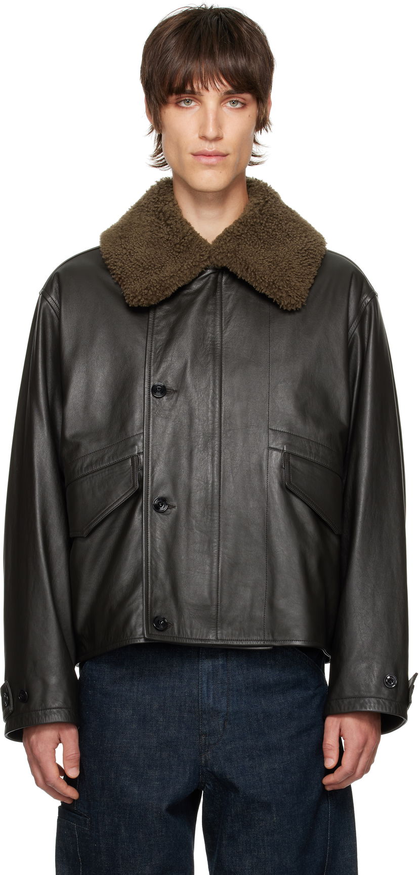 Яке бомбър LEMAIRE LEMAIRE Shearling-Collar Leather Jacket Черно | OW1101 LL0095