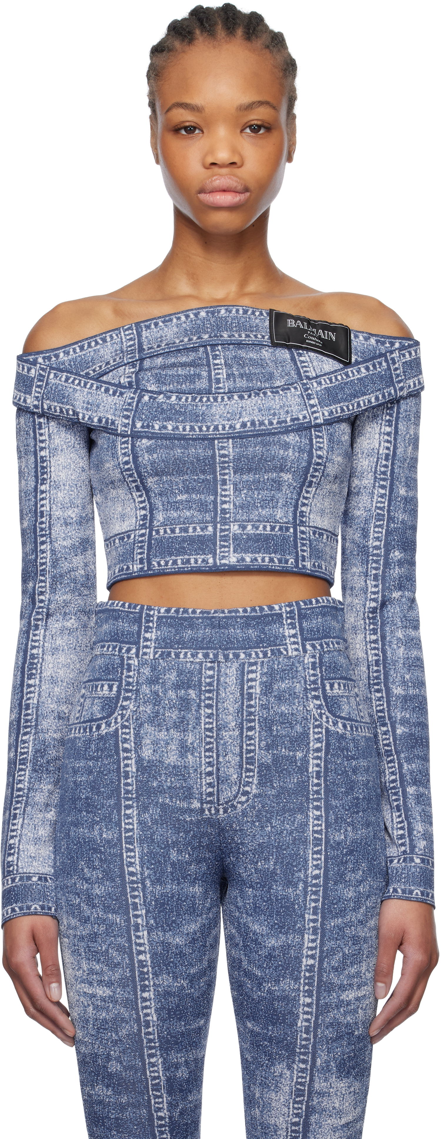 Комплект Balmain Balmain Denim Off-Shoulder Top Синьо | EF1AO385KH80, 0