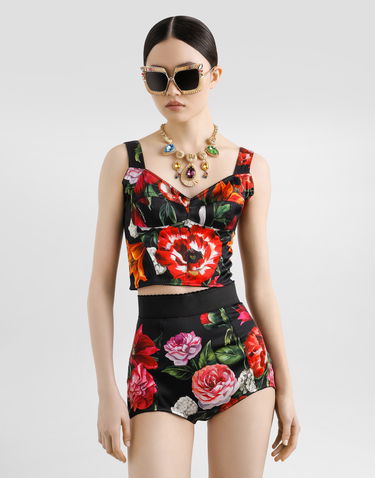 Съкратен топ Dolce & Gabbana Dolce & Gabbana Satin Corset with Flower Print Черно | F7T19TFSIB2HN5PB, 3