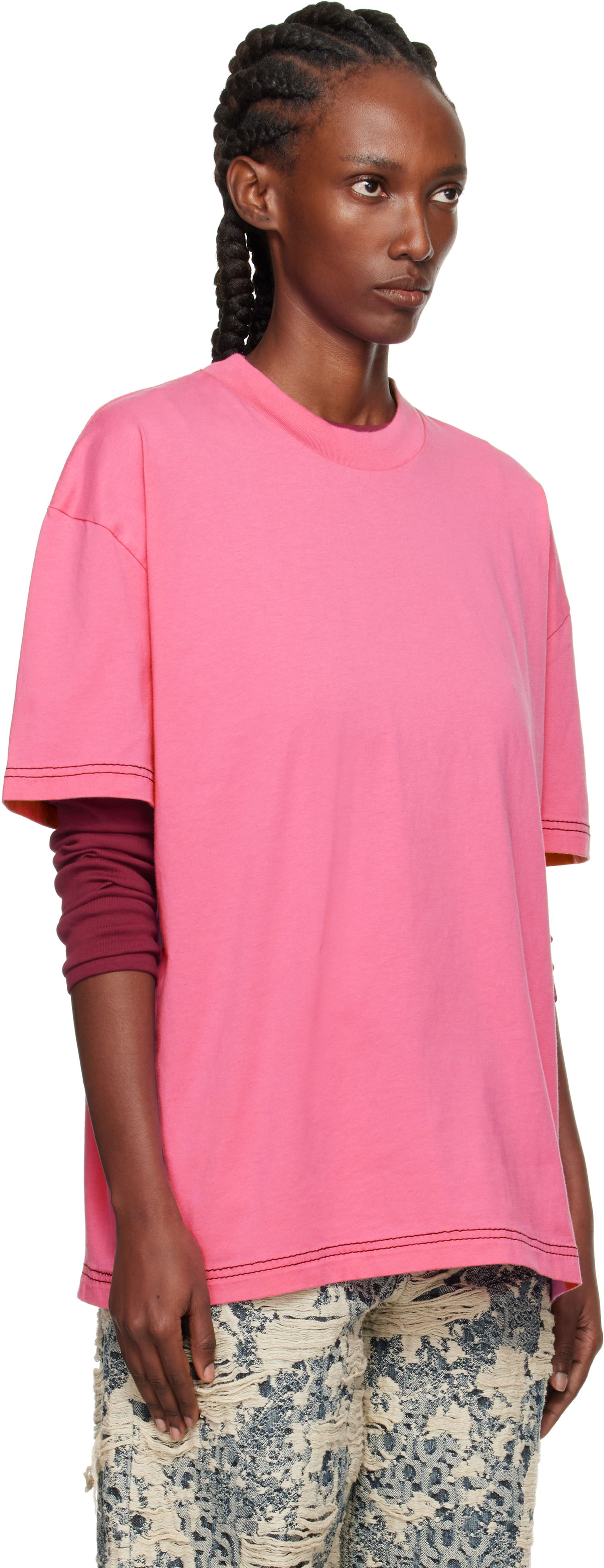 Тениска Acne Studios Oversized Crewneck T-shirt with Contrast Stitching Розово | CL0388-, 1