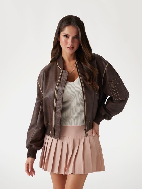 Яке бомбър GUESS Faux Leather Bomber Jacket Кафяво | W5RL21WGW40, 0