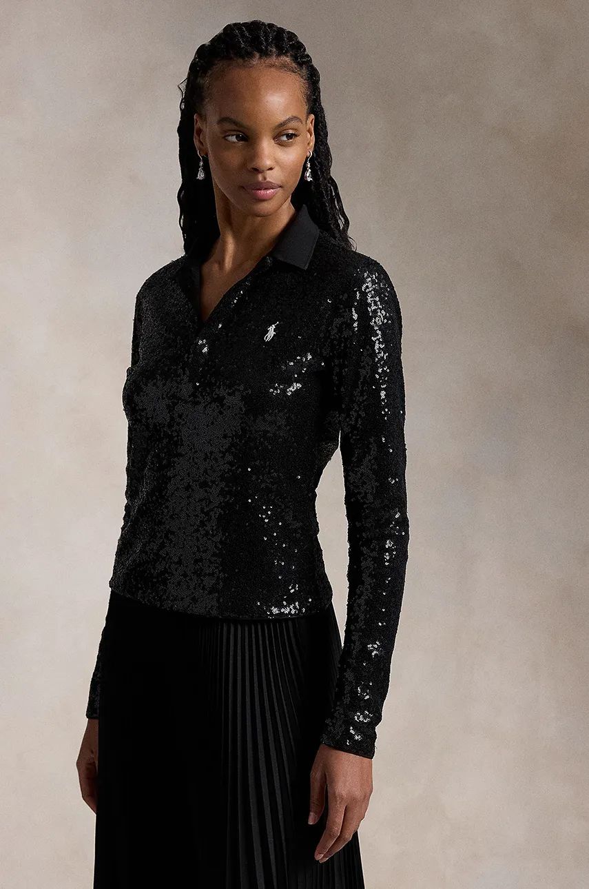 Поло тениска Polo by Ralph Lauren Sequined Long Sleeve Polo Shirt Черно | 211955429, 0