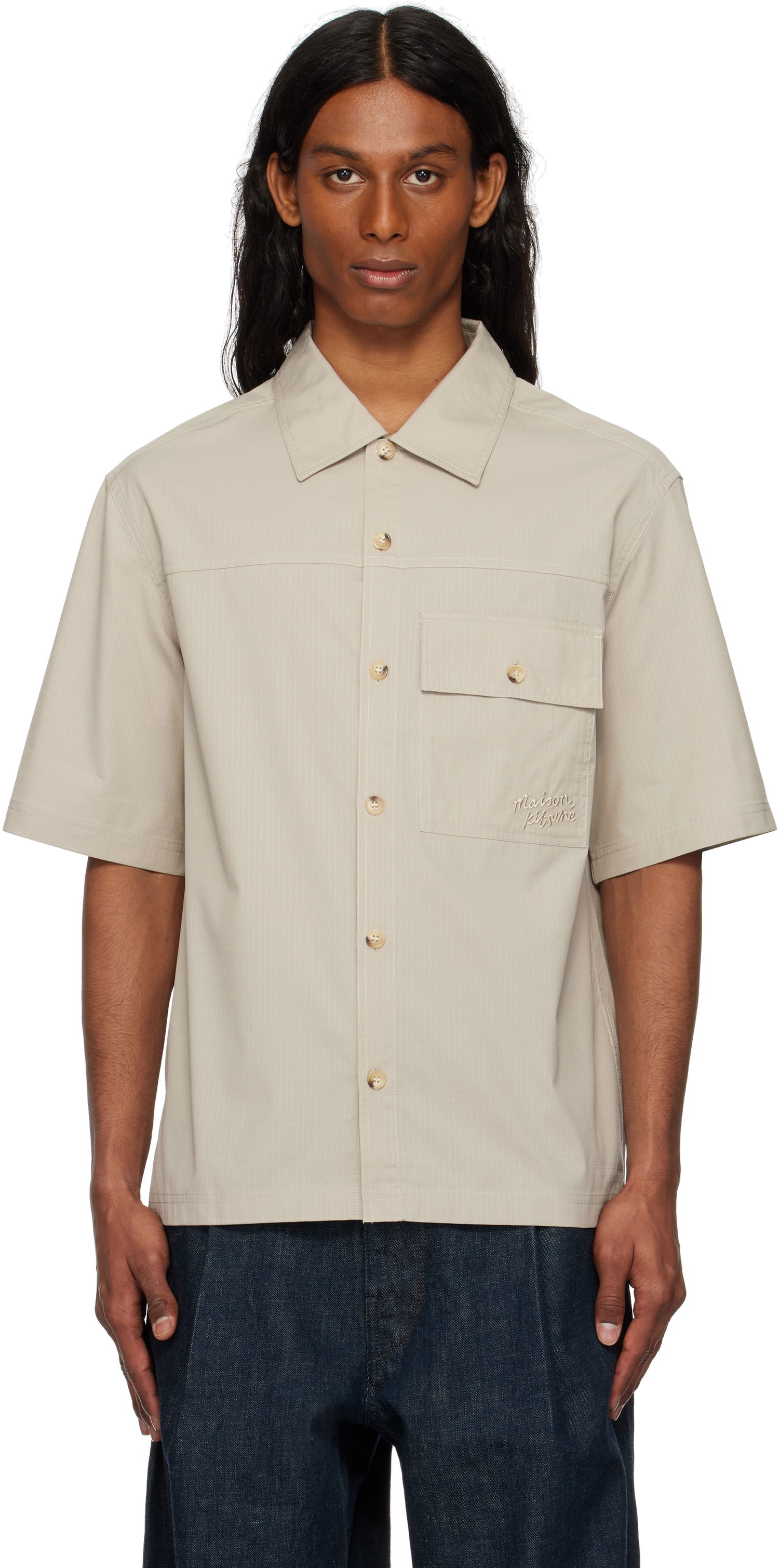 Риза MAISON KITSUNÉ Maison Kitsuné Short Sleeve Overshirt Бежово | OM00429WW9020, 0