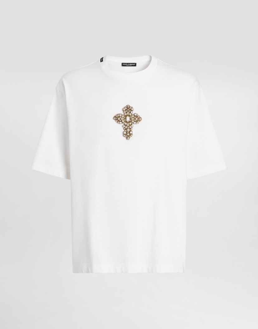 Тениска Dolce & Gabbana Cotton T-shirt With Embellished Cross Patch Бяло | G8PB8ZG7O4HW0800