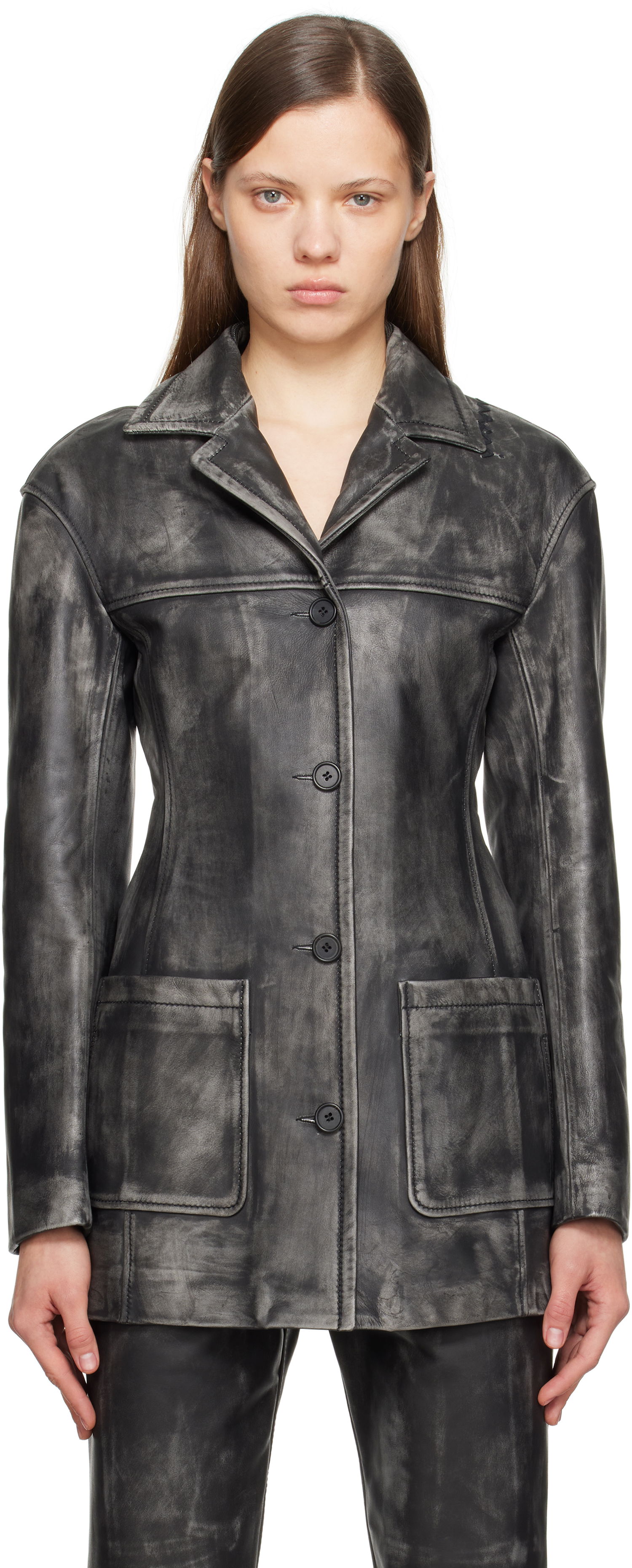 Яке Marni Marni Leather Jacket with Logo Embroidery Сиво | GIMX0277SU ULV880, 0