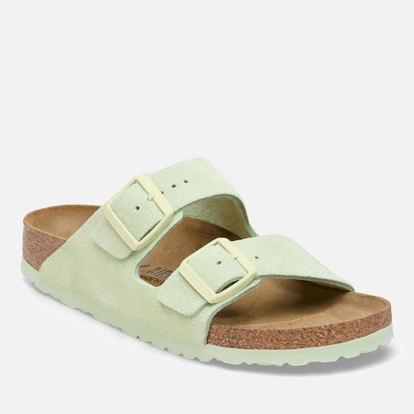 Кецове и обувки Birkenstock Arizona Slim Fit Suede Double Strap Sandals - Faded Lime Бяло | 1026831