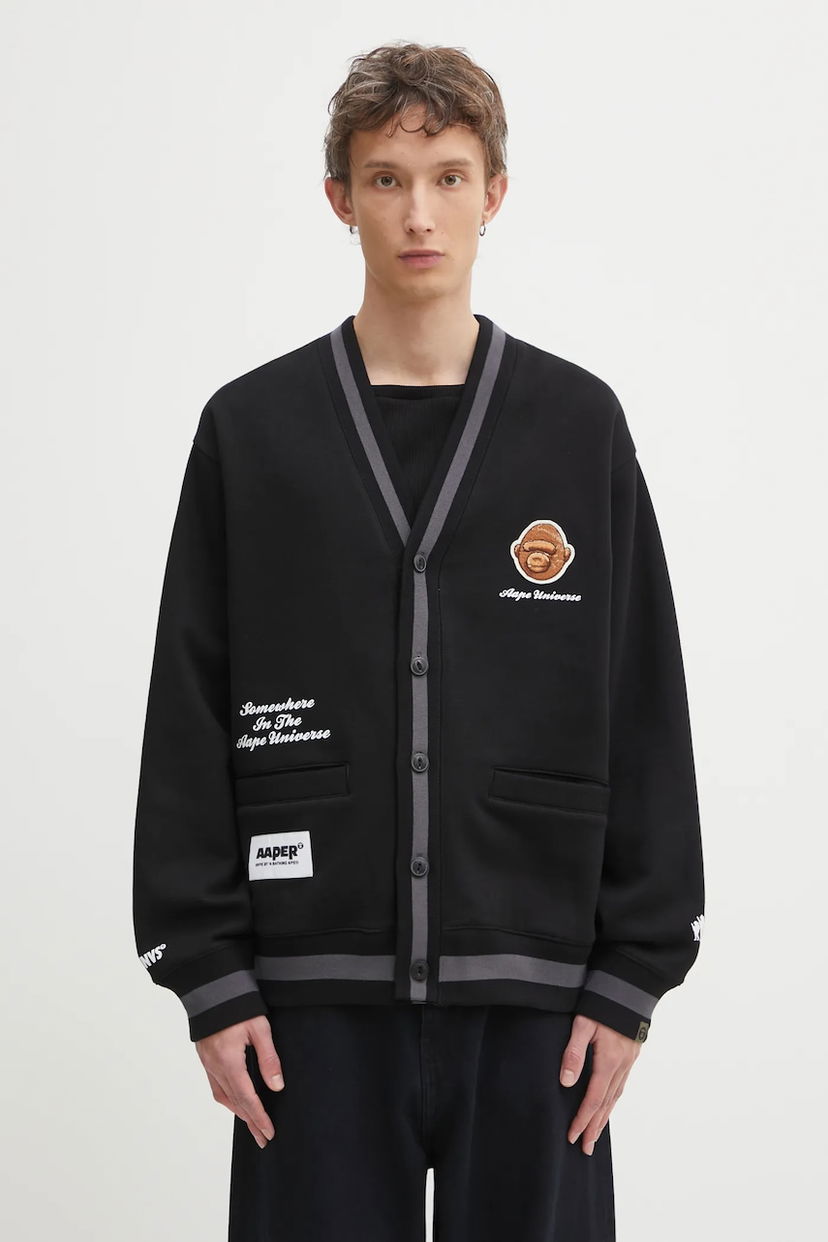 Пуловер AAPE by A Bathing Ape Aape Universe Embroidered Striped Button-Up Cardigan Черно | AAPSWMC374XXP