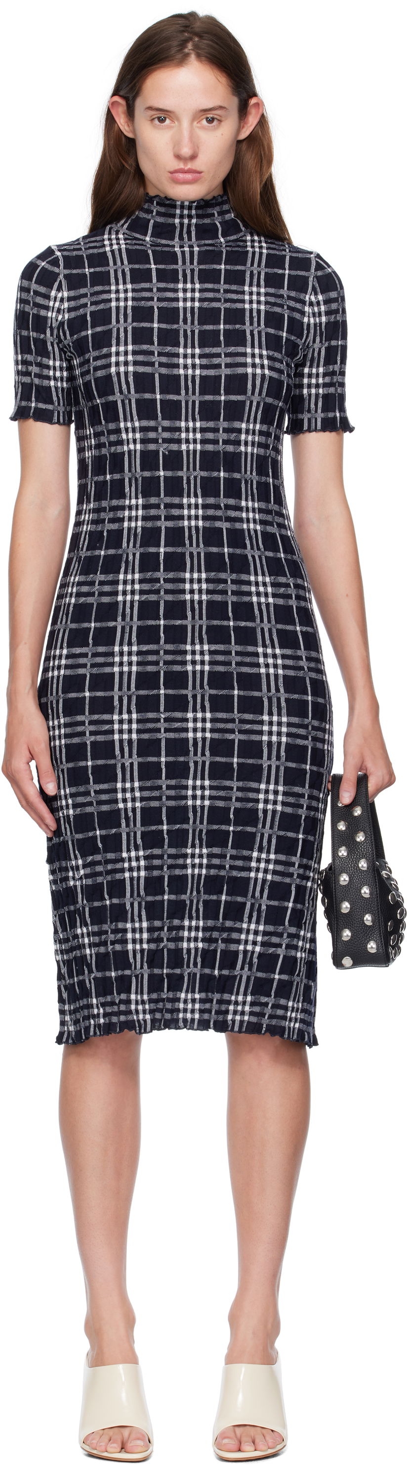 Pокля Burberry Burberry Check Wool Blend Midi Dress Тъмно синьо | 8111428