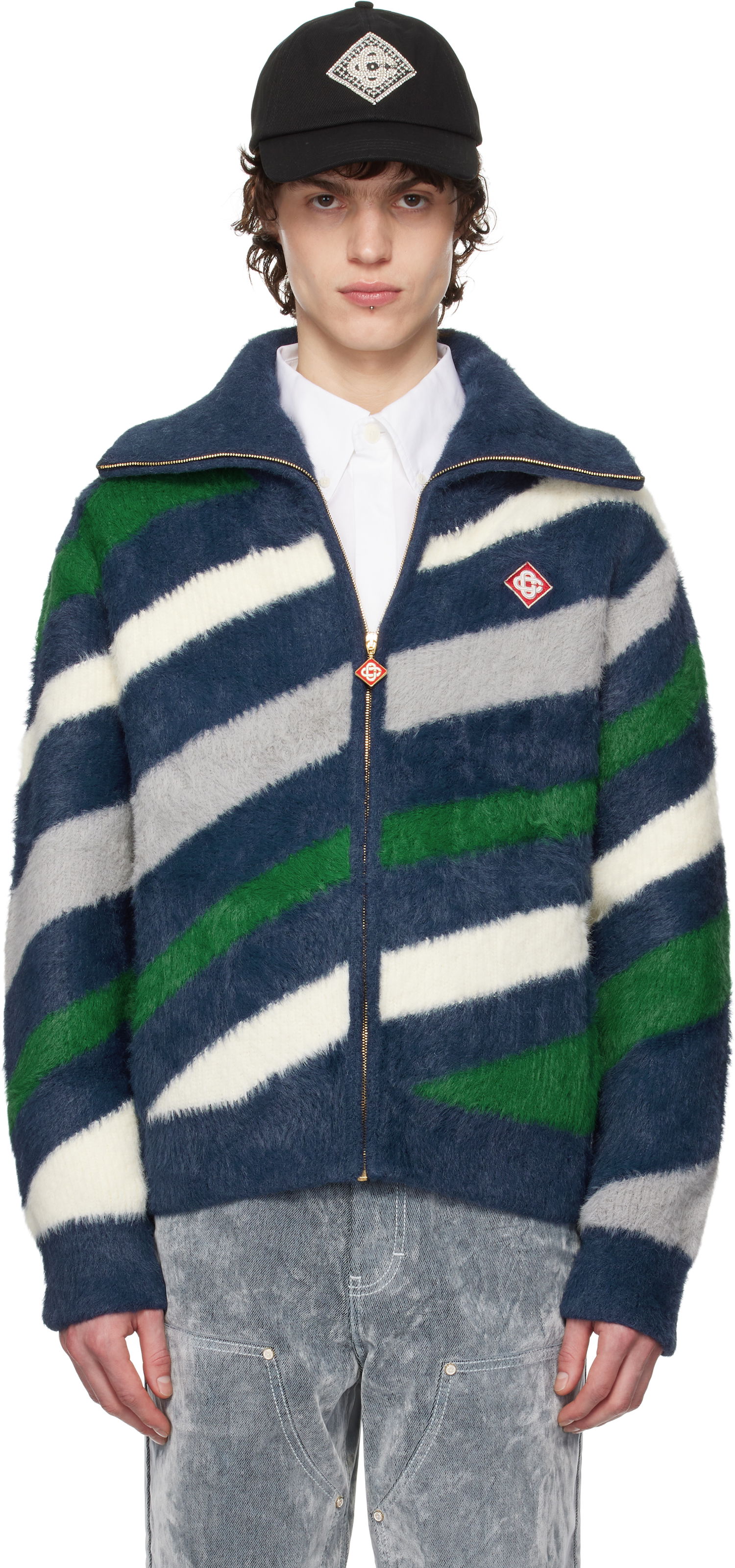 Пуловер Casablanca Casablanca Striped Fluffy Zip-Up Jacket Синьо | MPS25-KW-830-01, 0