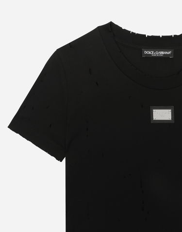 Тениска Dolce & Gabbana Jersey T-shirt With Rips And Tag Черно | F8T00TG7H4UN0000, 2