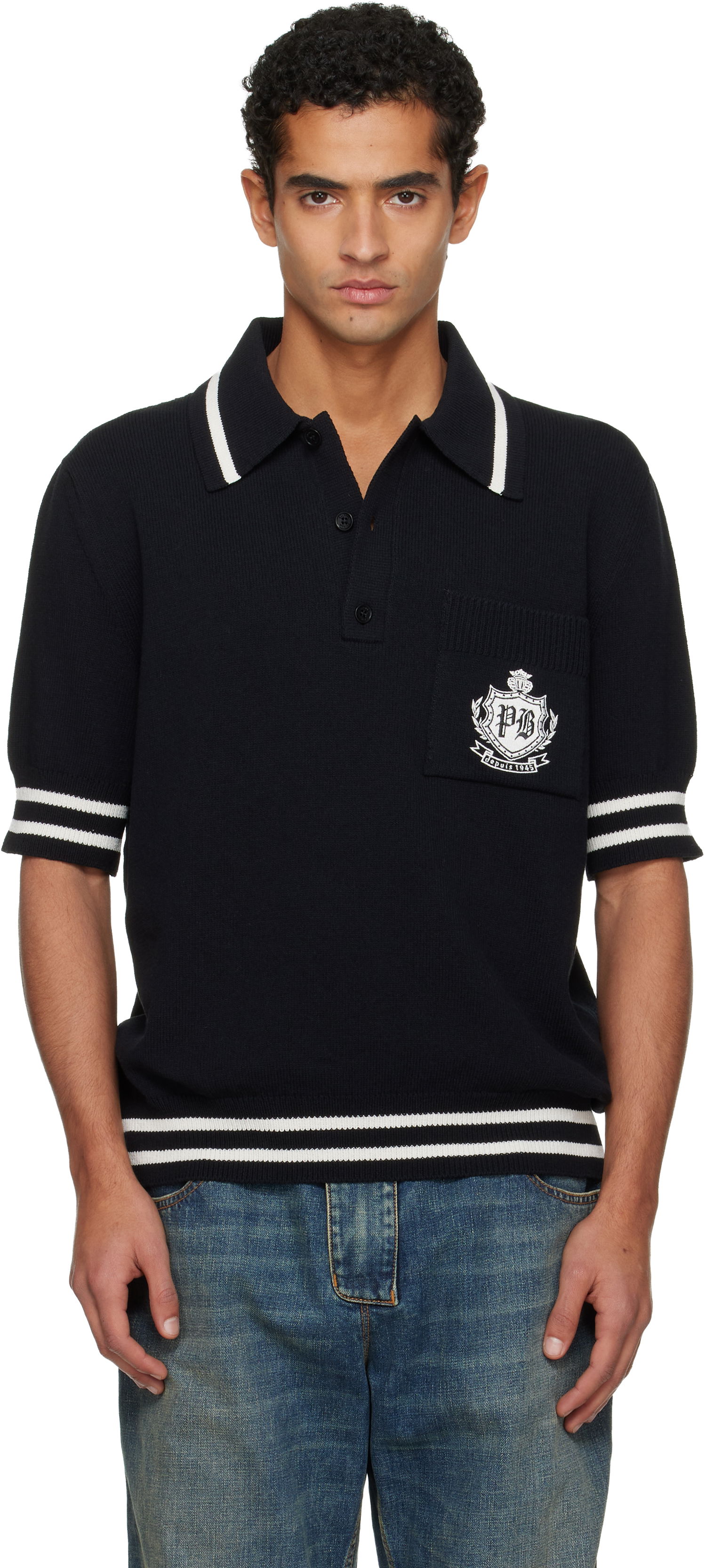 Поло тениска Balmain College Emblem Embroidery Knit Polo Черно | FH0GB046KJ18, 0