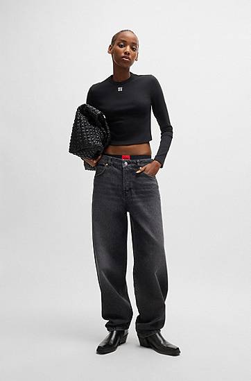 Съкратен топ BOSS HUGO Slim-Fit Cropped Jersey Top with Embroidered Logo Черно | 50518378, 1