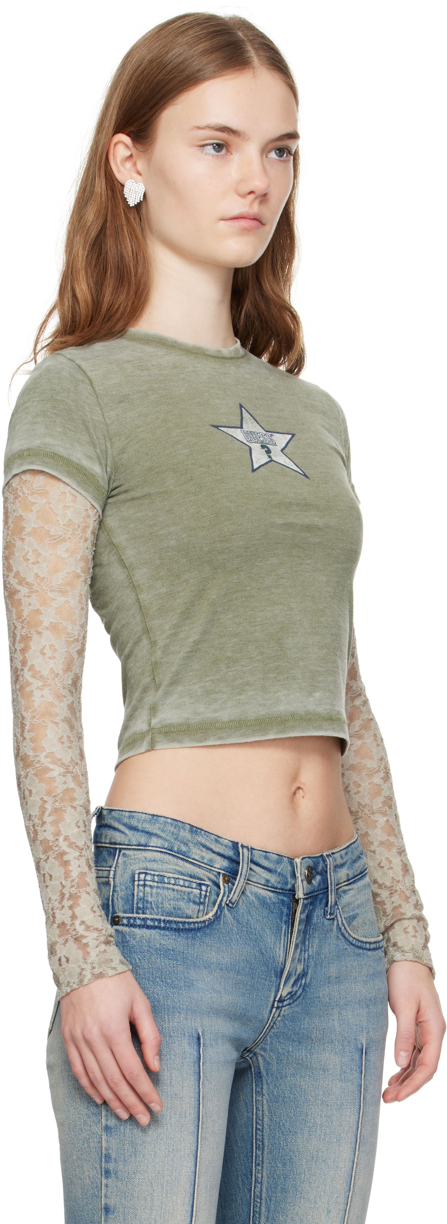 Съкратен топ GUESS GUESS Vintage Lace Crop T-Shirt Зелено | W4BP02KBB50, 1