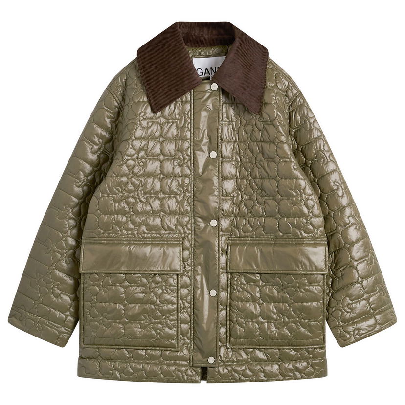 Яке GANNI Shiny Quilted Jacket with Corduroy Collar and Front Pockets Зелено | A1010078-861