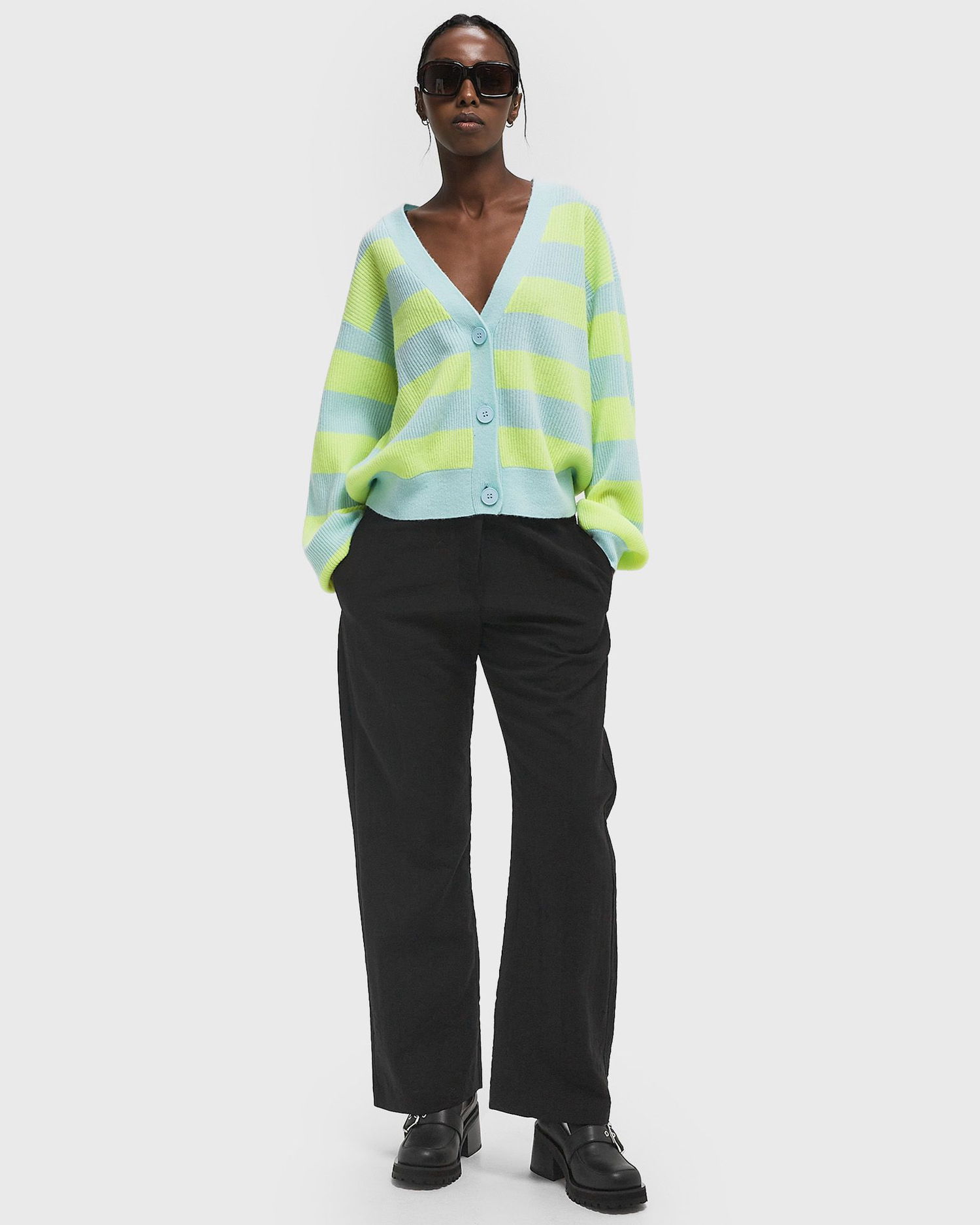 Пуловер American Vintage Striped Knit Button-Down Cardigan Многоцветен | RAX19BE25-JAUNE-FLUO-RAYE-CRYSTAL, 1