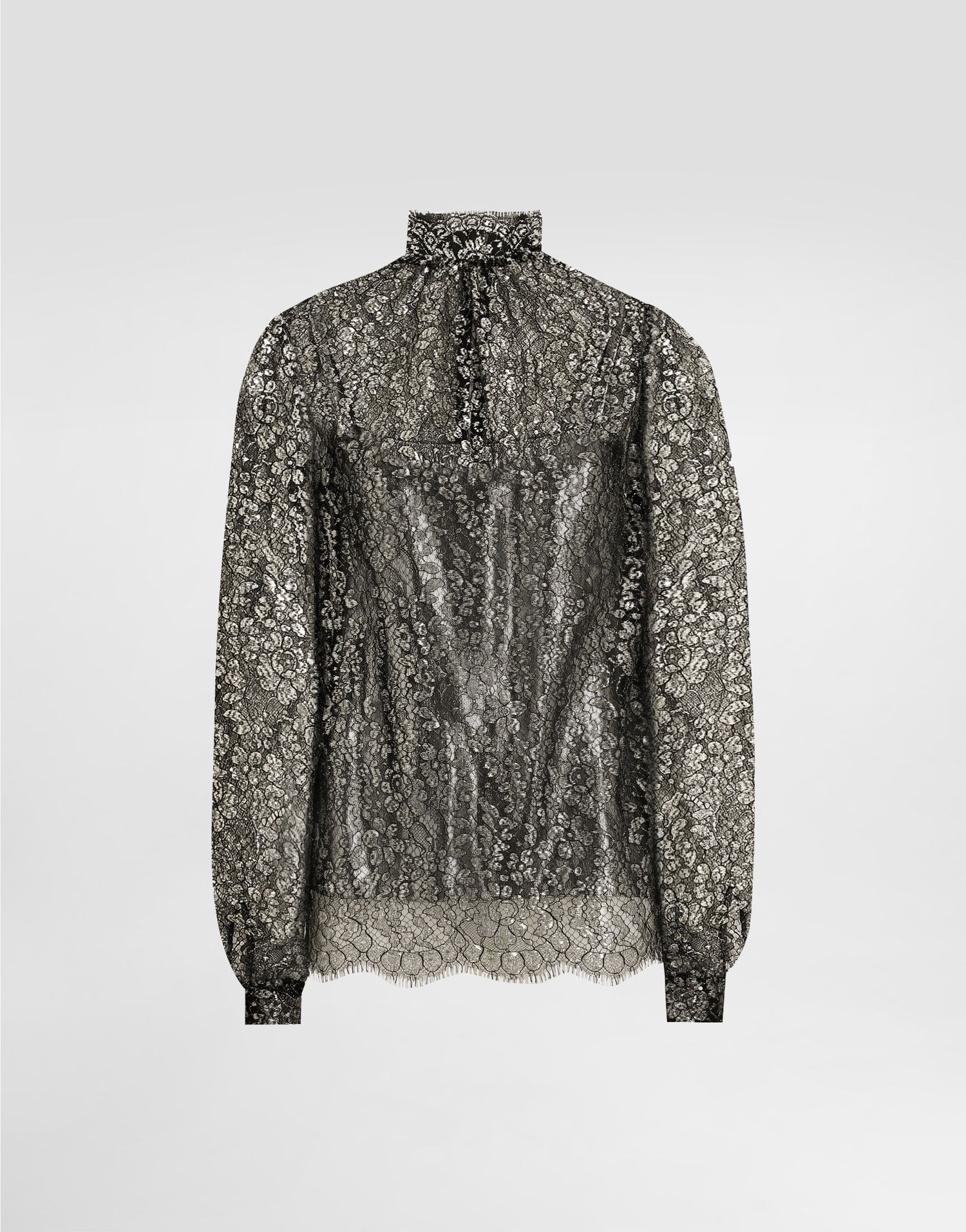 Риза Dolce & Gabbana High-neck Long-sleeve Lamé Lace Top with Scalloped Hem, Collection Металик | F7BD7TILMCFS0998, 0
