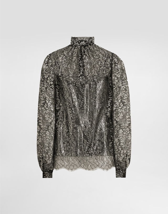 High-neck Long-sleeve Lamé Lace Top with Scalloped Hem, Collection