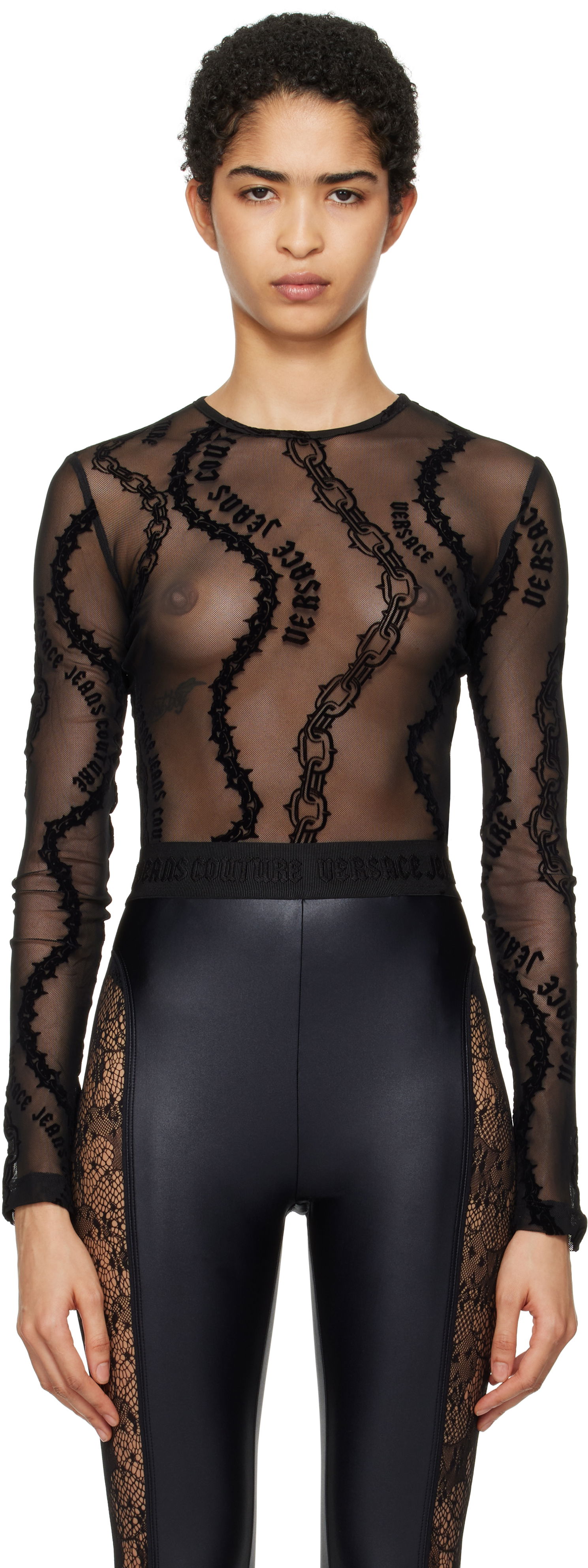 Тениска Versace Chain Couture Mesh Bodysuit Черно | E77HAM2A1_EJS392, 0