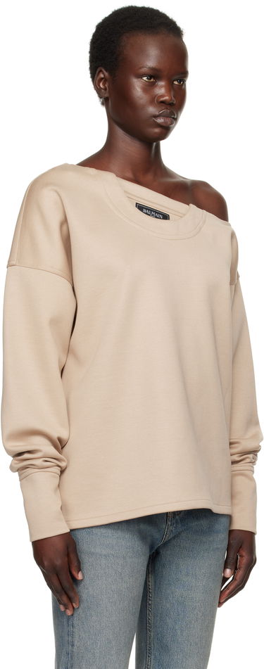 Пуловер Balmain Balmain Asymmetrical Jersey Off-The-Shoulder Sweatshirt Бежово | EF1HU301JJ69, 1