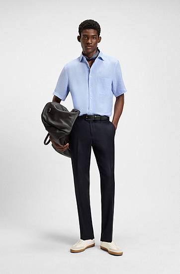 Риза BOSS BECKHAM x BOSS Regular-Fit Linen Shirt Синьо | 50548868, 1