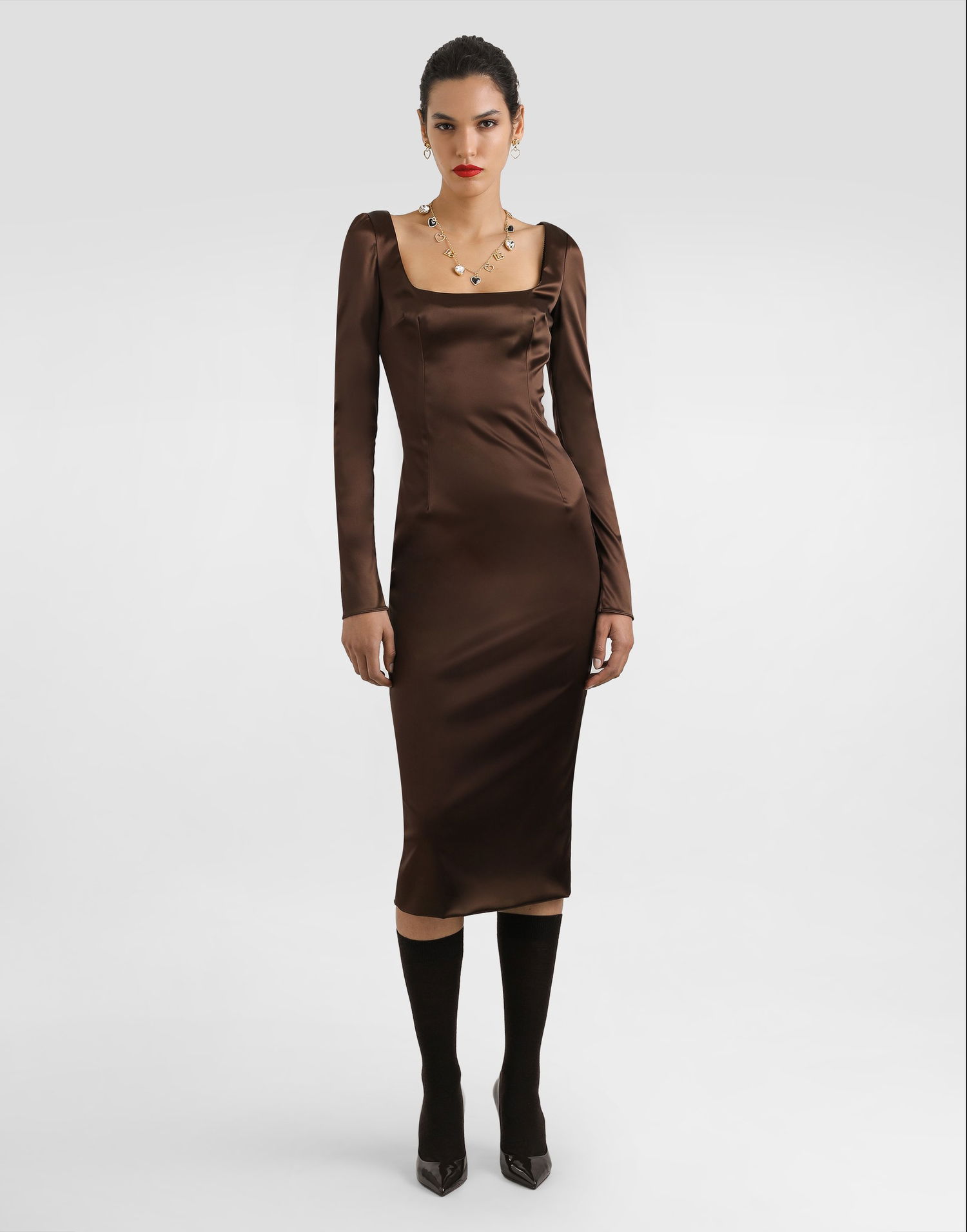 Pокля Dolce & Gabbana Dolce & Gabbana Stretch Satin Dress with Leopard Print Detail Кафяво | F6TYGTFURADM0694, 1