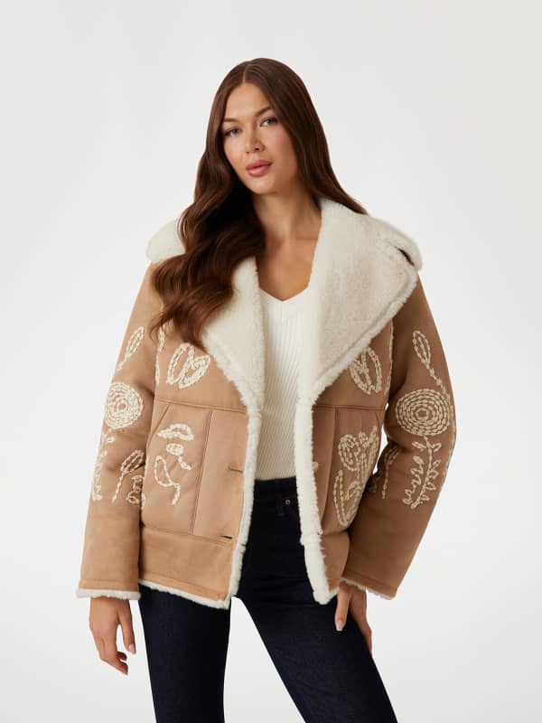 Яке GUESS Faux-Sheepskin Embroidered Aviator Jacket Кафяво | 5RGL267279A