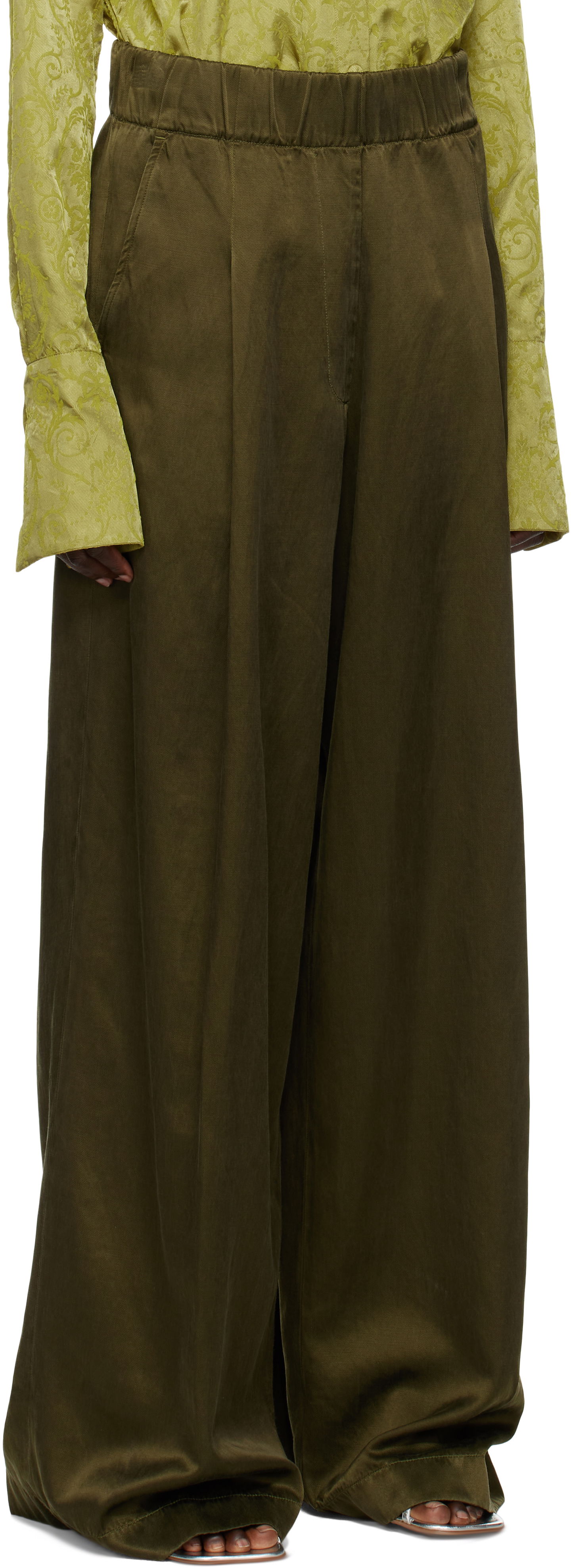 Панталони Dries Van Noten Dries Van Noten Elasticated Wide-Leg Trousers Зелено | 251-010910-1426, 1