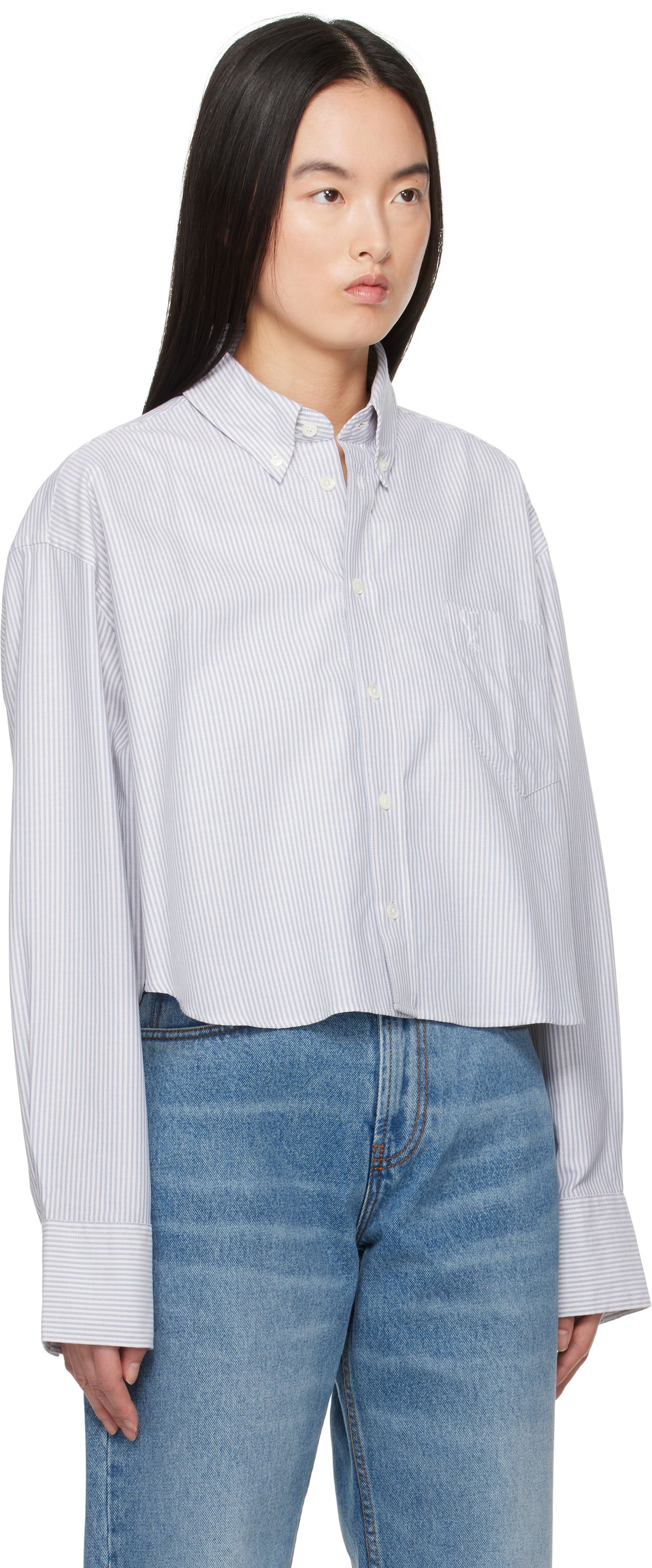 Риза AMI Cotton Cropped Oversized Striped Button-Down Shirt Синьо | USH123.CO0087, 1