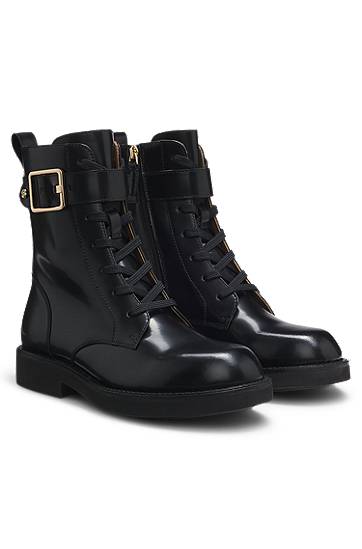 Lace-up Leather Boots with Buckle Detail and Chunky Sole