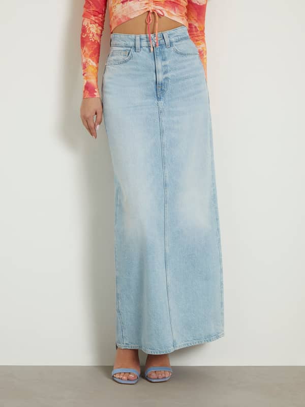 Пола GUESS Back Slit Denim Midi Skirt Синьо | W4GD53D5B66, 0