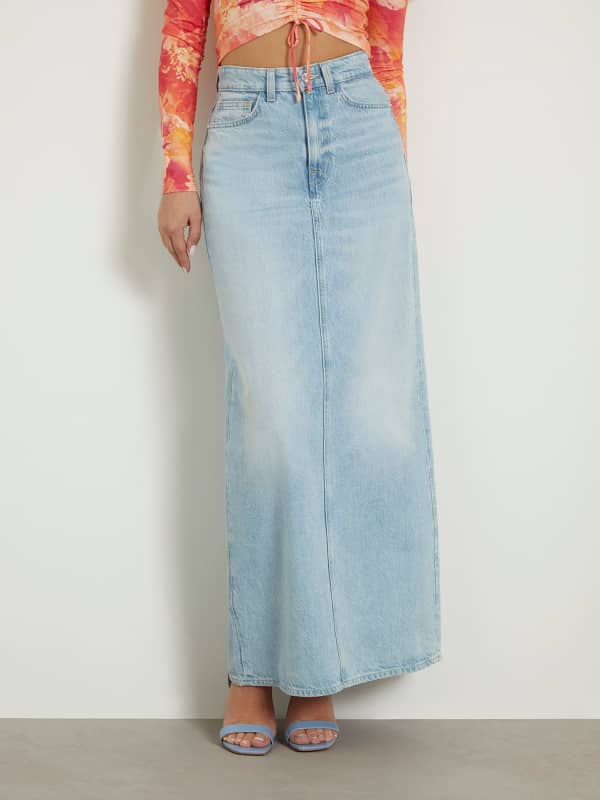 Back Slit Denim Midi Skirt