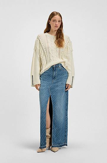 Пуловер BOSS Cable Knit Sweater with Fringe Бяло | 50543949, 1