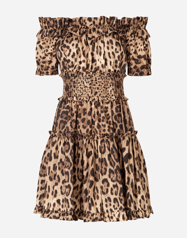 Short Off-the-Shoulder Ruffled Smocked Tiered Leopard-Print Poplin Dress