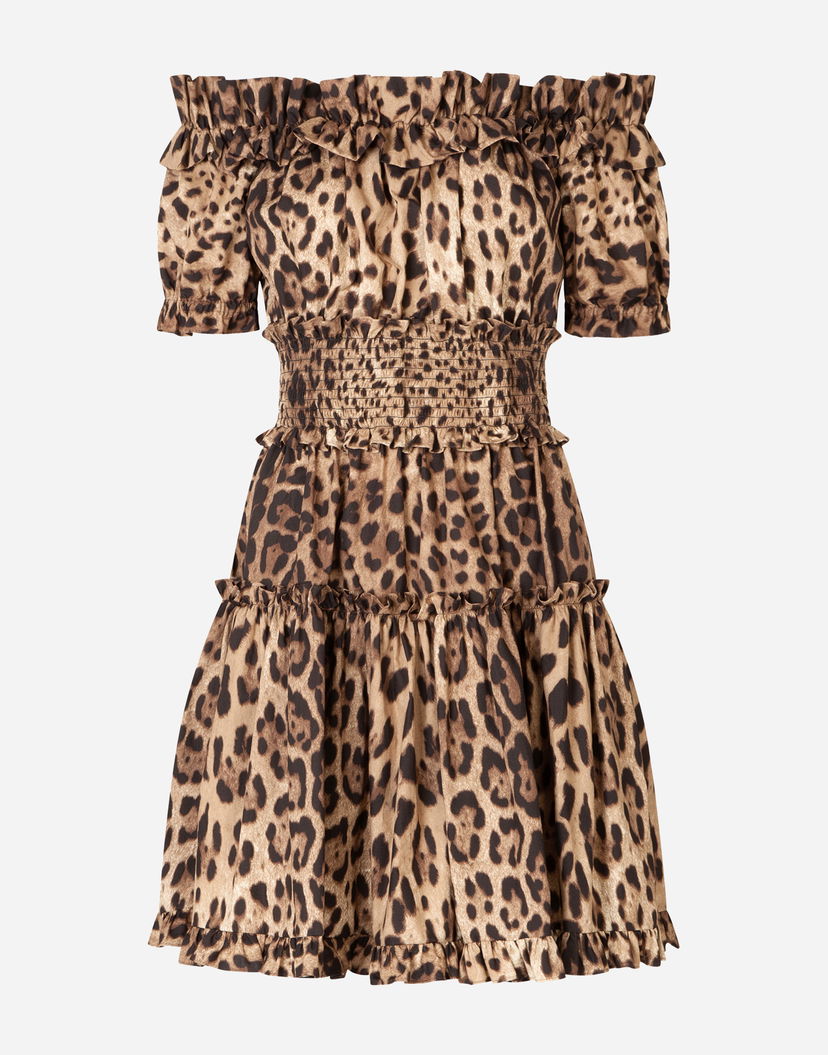 Pокля Dolce & Gabbana Short Off-the-Shoulder Ruffled Smocked Tiered Leopard-Print Poplin Dress Многоцветен | F6A0UTHS5E3HY13M
