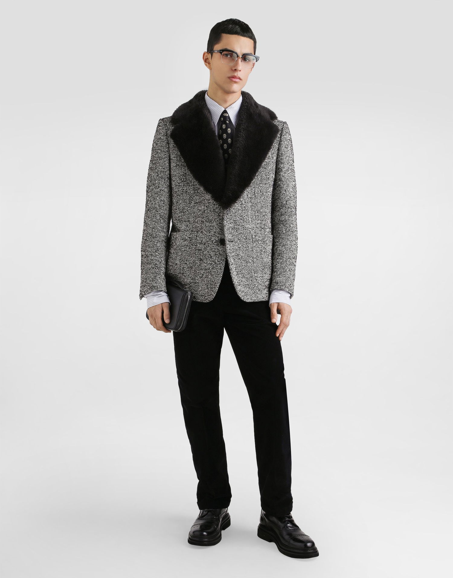Яке Dolce & Gabbana Dolce & Gabbana Single-Breasted Dotted Wool Jacket with Fur Collar Сиво | G2VJ9ZFMZAKS8030, 1