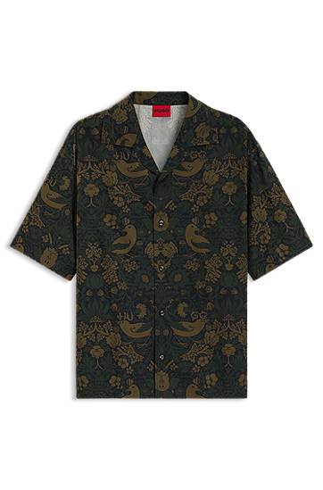 Риза BOSS Oversized-Fit Printed Cotton Poplin Shirt Зелено | 50545377
