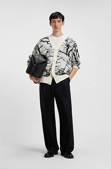 Пуловер BOSS Oversized-fit Cardigan with Birch Tree and Owl Jacquard Pattern Многоцветен | 50546872, 1