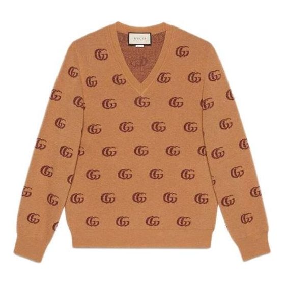 Пуловер Gucci Double G Jacquard Wool V-Neck Sweater Кафяво | 645292-XKBPF-8011