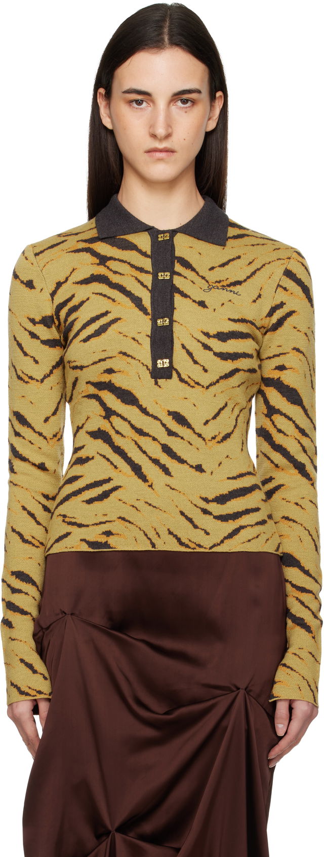 Fine Merino Jacquard Tiger Print Long Sleeve Polo