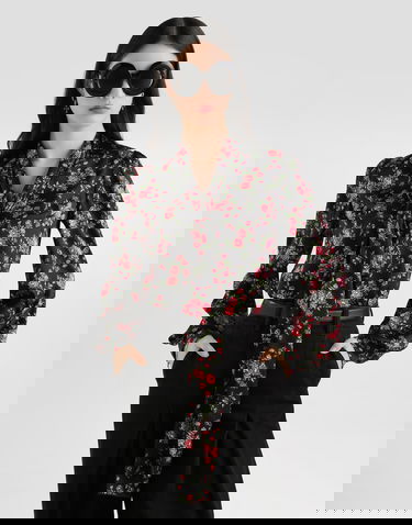 Риза Dolce & Gabbana Dolce & Gabbana Small Rose Bouquet-print Satin Pussy-bow Shirt Черно | F5T17TFSA8GHN5XP, 3