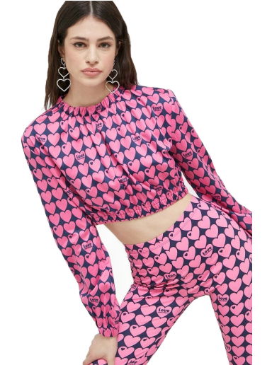 CROPPED STRETCH SATIN ALL-OVER HEARTS BLOUSE